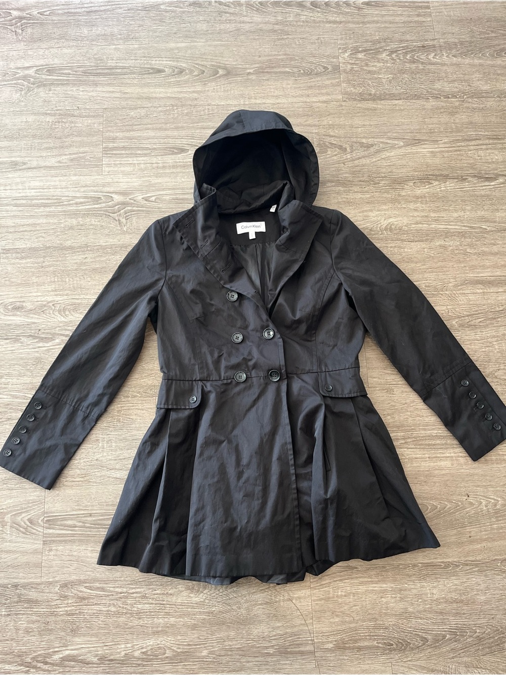 Calvin Klein Hooded Trench Coat Womens Large Black Double Breasted Pleated Lux